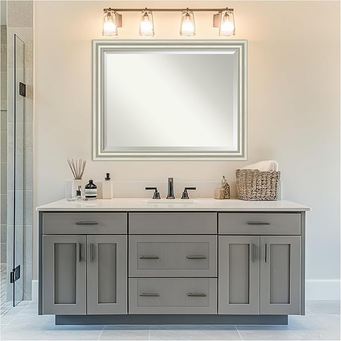 Amanti Art Bathroom Mirror for Over Sink, 36x46 Sophia Silver Rectangle Vanity Mirror, X-Large Traditional Frame, Hangs Horizonally and Vertically, Bathroom Wall Decor, Beveled Edge
