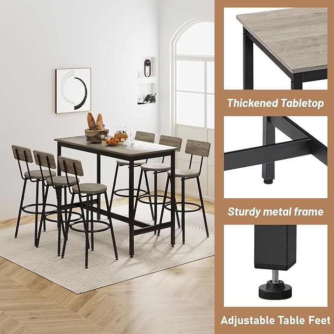 Dining Table Set for 6, 7-Piece Bar Table Set, Kitchen Table and Chairs, Counter Height High Top Table with 6 PU Upholstered Stools, Space-Saving Pub Tables Set for Small Space, Grey