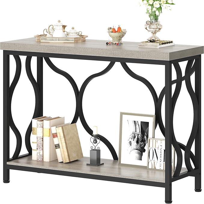 IBF Entryway Table with Storage, Modern Wood Metal Console Sofa Table Behind Couch Tables, Industrial Narrow Hallway Table for Small Living Room Home Office Foyer Entry Way Entrance, Grey, 39.4 Inch
