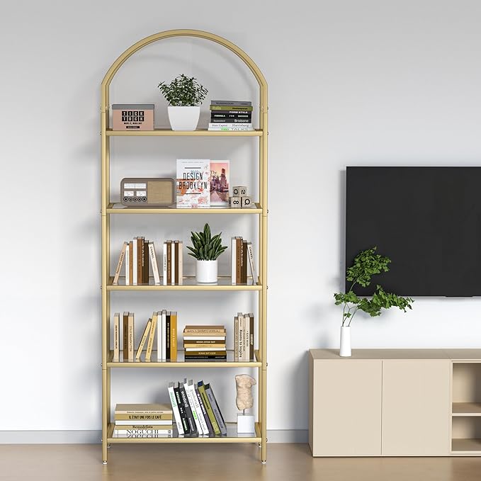 Homhedy Bookshelf Arched Display Racks,Metal Bookcase,Tempered Glass Shelves,Storage Rack Shelf for Home Office,Living Room,Bedroom, Bathroom,Modern Style (Golden, 11.8" D x 23.6" W x 62.2" H)