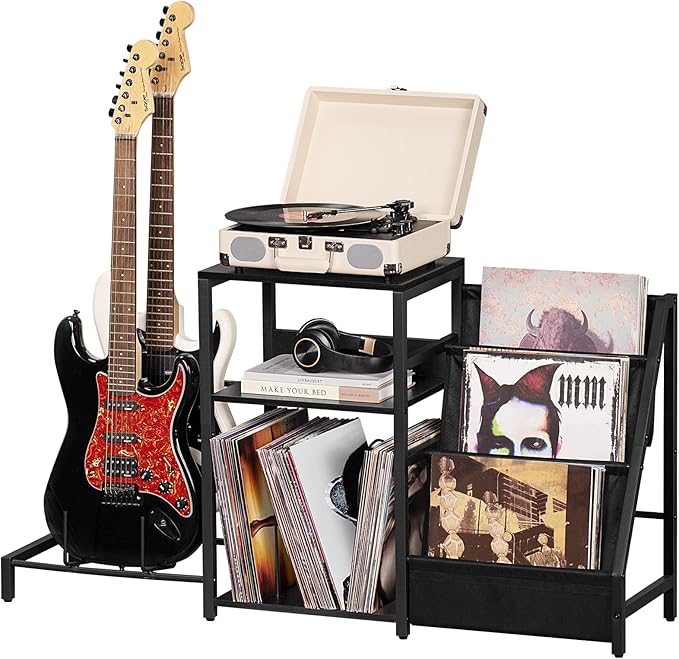 LELELINKY Record Player Stand, Black Adjustable Guitar Stand for Acoustic Guitar, Electric Guitar, Bass, Turntable Stand with Vinyl Display Shelf Storage Up to 150 Albums, End Table for Music Room