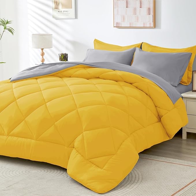 HEVUMYI Cali-King Comforter Set - 7-Piece All Season Bed in a Bag Cali-King, Ultra Soft Bedding Set with Comforter, Flat Sheet, Fitted Sheet, Pillowcases, Pillow Shams, Yellow & Light Grey