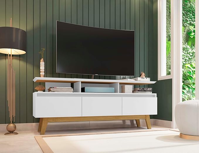 Manhattan Comfort Yonkers 63 Inch Mid Century Modern TV Stand with Storage, 3 Flip Down Door, Hole for Wire Management, Fits Up to 60" Television, Durable & Versatile Console Table, White