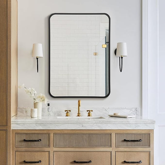 20x28 Rounded Rectangle Bathroom Mirrors for Over Sink, Black Vanity Mirror with Metal Frame Wall Mounted, Modern Farmhouse Mirror for Restroom, Bedroom, Entryway Decor
