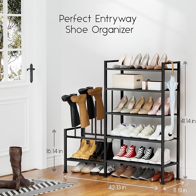 Shoe Rack Organizer and Storage - 5 Tier Metal+Non-woven Fabric Shoe Rack with Boot Storage & Side Any Combination - Space Saving Shoe Shelf for Entryway, Bedroom, Garage, Small Spaces