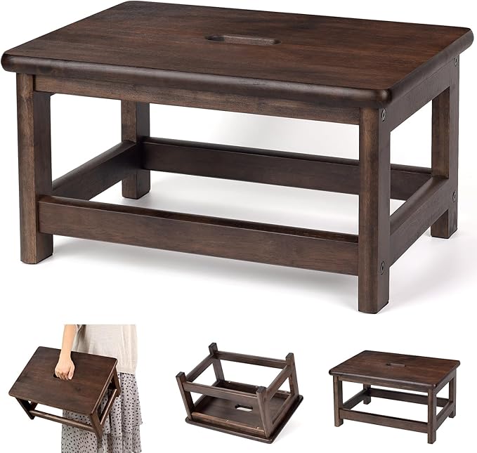 Wooden Step Stool (16.5" Dx12 Wx9 H) Bed Steps for High Beds for Adults - Natural Solid Wood One Step Stool, Heavy Duty- Holds up to 600Lbs- Perfect Safety (9in Height-Walnut)