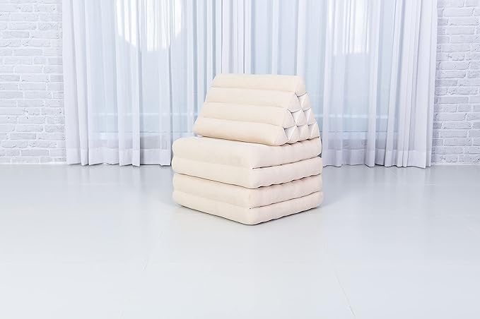 Leewadee Comfortable Japanese Floor Mattress - Thai Floor Bed with Triangle Cushion - Futon Mattress - XL Extra Long Thai Massage Mat, 89 x 20 inches, Ecru, Kapok Filling