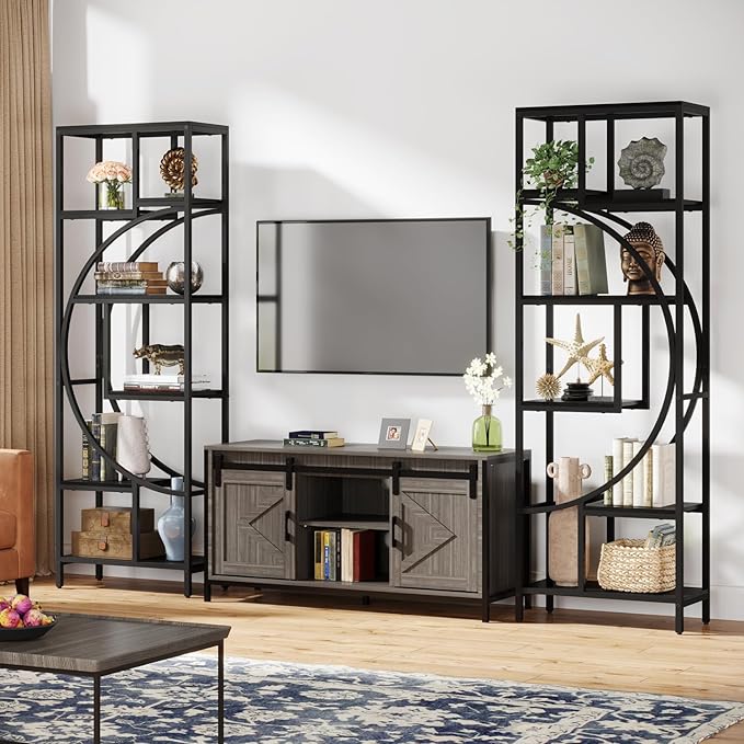 Geometric Bookshelf, 70.9" Tall Bookcase with 7-Shelf Open Shelves, Wood Metal Book Shelf Display Rack Storage Shelving Unit for Office, Bedroom, Living Room, Easy Assembly, Black