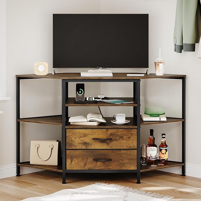 Corner TV Stand for 55 Inch TV, Farmhouse Entertainment Center with 2 Drawers Storage, Corner TV Console with Power Outlet, Retro Brown Media Console for Living Room, Brown
