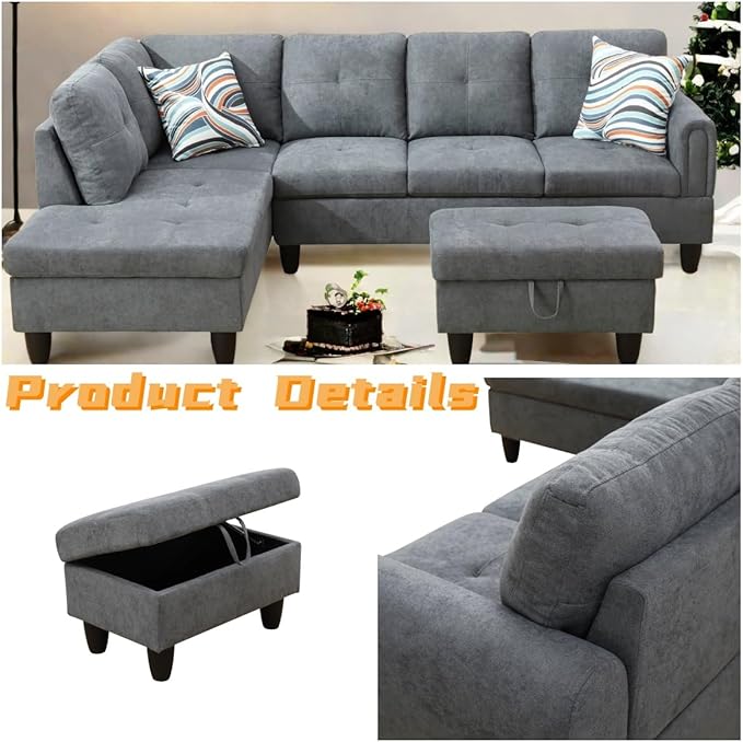 L Shaped Sectional Couch with Otttoman, 97" Sectional Sofa for Living Room Flannel Modular Couches with Cup Holders for Bedroom, Apartments, Grey