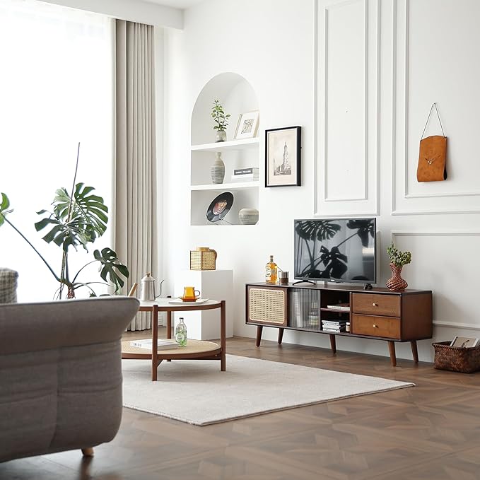 Tiita TV Stand with Storage for TVs up to 65'', Bamboo Rattan TV Console Entertainment Center with 2 Open Shelf, Mid Century Modern Media Console for Living Room, Bedroom, Walnut