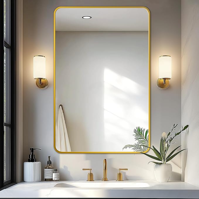 Delma Bathroom Vanity Mirror, Black Framed Bathroom Mirror for Over Sink, High-Definition Bathroom Mirror, Versatile Bathroom Vanity Mirror, Hangs Horizontally or Vertically(36x24, Gold)