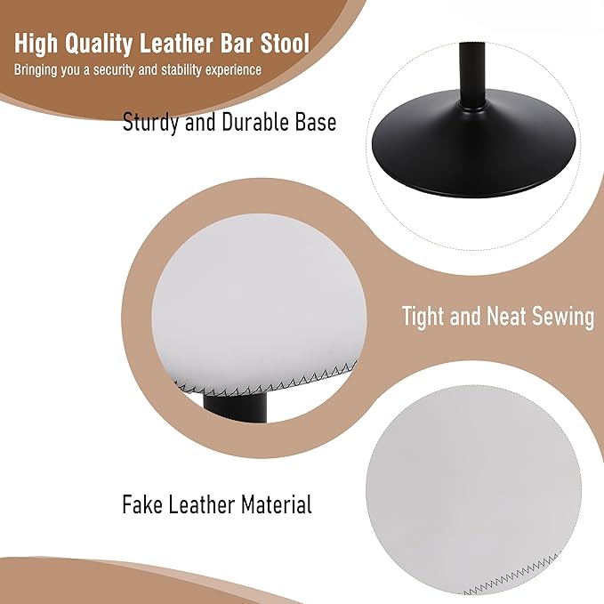 Bar Stools, Swivel Counter Height Barstools with Back, Adjustable Modern Bar Chairs, Tall Armless PU Leather Kitchen Island Stool (White, Set of 2)
