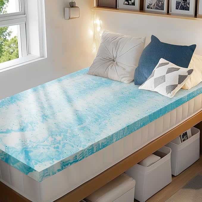 PERLECARE 2 Inch Twin Memory Foam Mattress Topper, Cooling Gel Infused Mattress Pad, Ventilated Bed Topper for Pressure Relief, CertiPUR-US Certified, Dorm Room Essentials, Blue