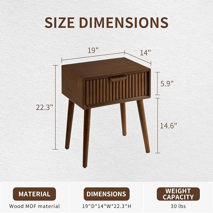 COSIEST Modern End Table w Striped Pattern, Mid-Century Nightstand w Storage Drawer, Small Wood Accent End Table for Bedroom, Living Room