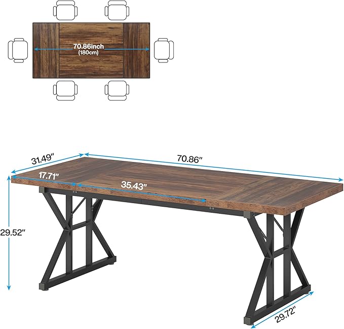 Tribesigns Farmhouse Dining Table for 6 People, 70.8-Inch Rectangular Wood Dining Table, Rustic Kitchen Table with Heavy Duty Metal Legs for Dining Room