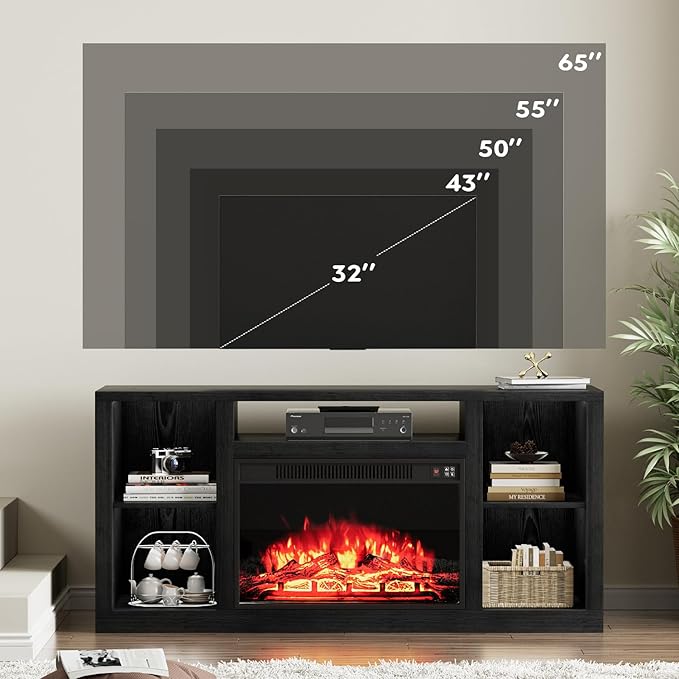 YESHOMY Electric Fireplace TV Stand for Televisions up to 65+ Inch, Media Entertainment Center Console Table with Four Open Storage Shelves & Cabinets, 58 Inch, Dark Black