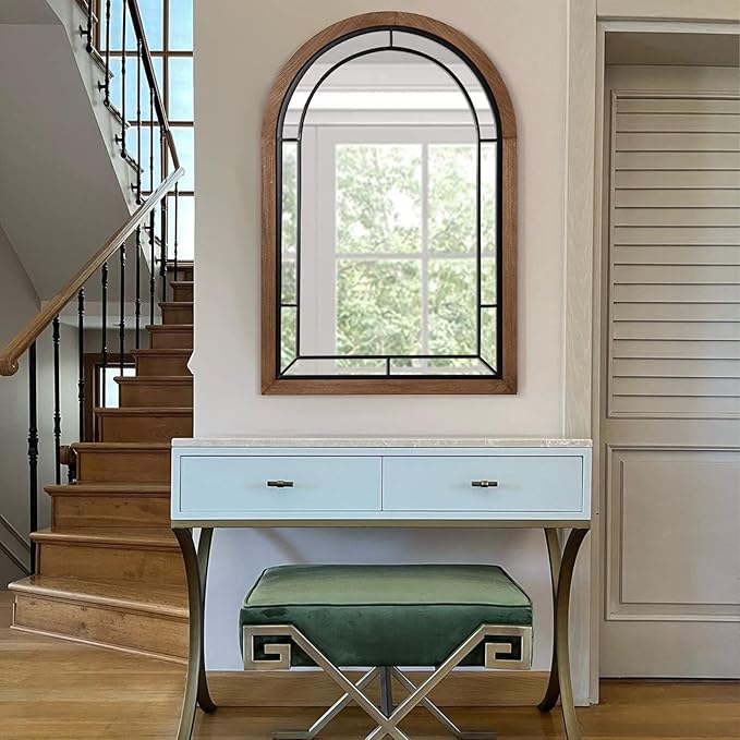 blue page Arched Mirror, Farmhouse Wall Decor Accent, Rustic Wood Framed Mirror Like Window for Bathroom Vanity, Bedroom, Entryway, and Living Room