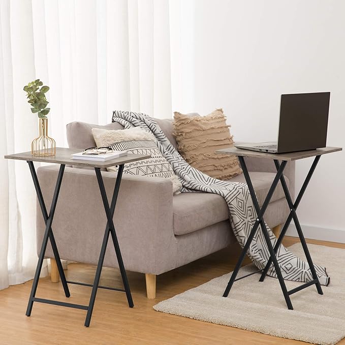 HOOBRO Folding TV Tray Tables, Set of 4 TV Trays with Storage Rack, Industrial Side Table for Eating at Couch, Foldable Snack Table for Small Space, Easy Assembly, Greige and Black BG50BZ01