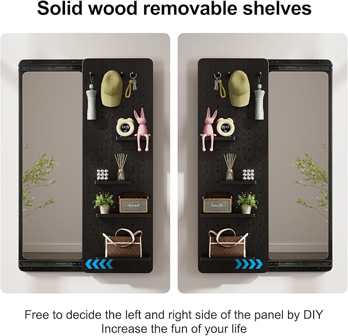 KungFuWood Full Length Mirror with Shelf and Hooks,Entry Way Mirrors for Wall,Wall Mirror with Shelf,Wall Mirror with Storage Multifunctional Design Panel,Living Room