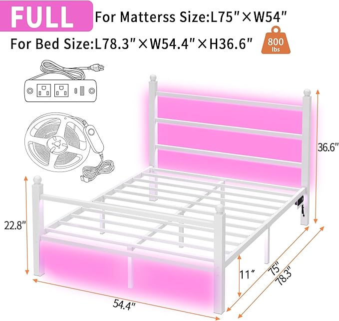 Full Size Bed Frame with Headboard and Footboard,Steel Slats Support-LED Bed Frame with USB Charging Station,Mattress Foundation-Under Bed Storage,No Box Spring Needed,Noise Free,White