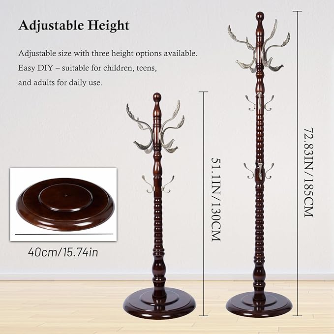 Coat Rack Stand, Solid Wooden Coat Tree with 14 Hooks, Heavy Duty Coat Rack Freestanding with Sturdy Round Base, Natural Birch Wood Coat Hanger Stand for Entryway Bedroom (Metal hook)