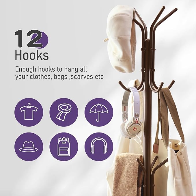 Coat Rack Freestanding,Entryway Hanger Stand,Umbrella Holder,Hall Tree With 12 Hooks, Floor Standing Metal Tree Stand,brown