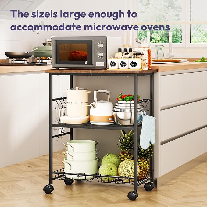 SWTYMIKI Rolling Kitchen Microwave Cart - 3 Tier Microwave Table Stand with Storage Basket and Hooks, Kitchen Utility Cart on Wheels, Coffee Cart Shelf Rack Organizer for Living Room Office, Balcony