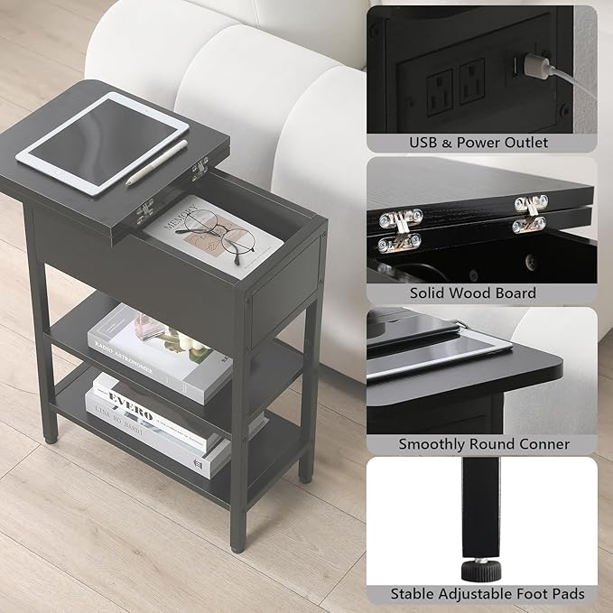 Modern End Table with Charging Station, Narrow Side Table with USB Ports & Outlets, Flip-Top Nightstand with Storage Shelf, Small Bedside Table for Living Room, Bedroom, Small Space, Black