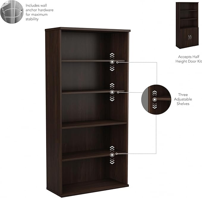 Bush Business Furniture Studio C Tall 5 Shelf Bookcase in Black Walnut, Large Bookshelf for Home or Professional Workplace Organization