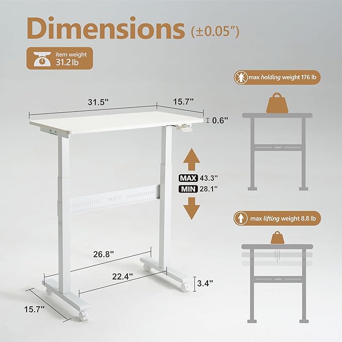 Non-Electric Auto-Lifting Standing Desk, No Knobs or Crank, Cordless, Rolling and Mobile, Great for Walking Pad, Adjustable Height 28.1'' to 43.3'', Desktop Size 31.5'' by 15.7'', Color White