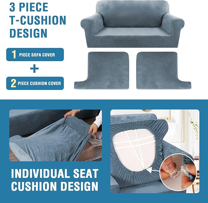 H.VERSAILTEX Sofa Cover 3 Piece Sofa Slipcovers Thick Velvet Couch Cover Furniture Protector Stretch Sofa Covers for 2 Cushion Couch with 2 Individual T Cushion Covers Washable, Stone Blue