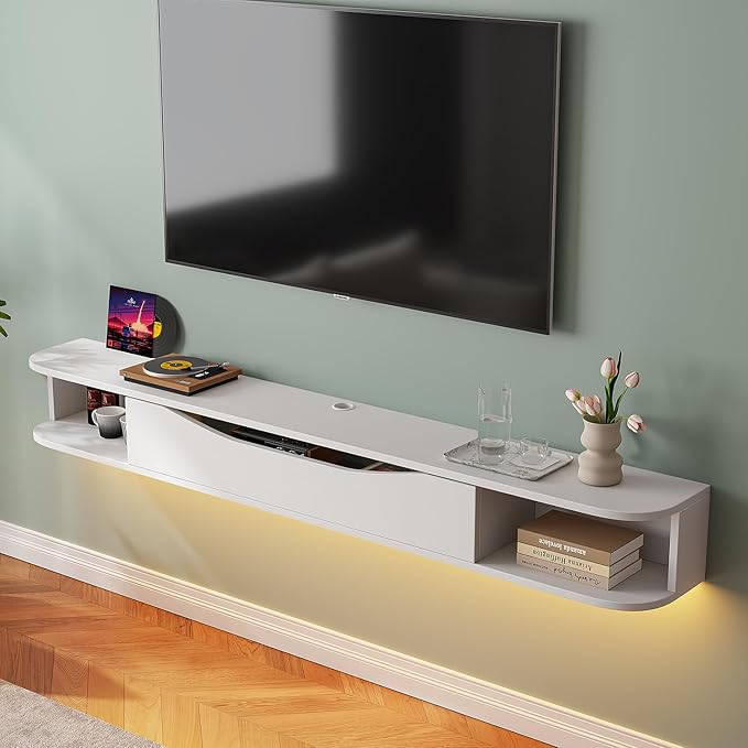 Floating TV Stand,70'' Wall Mounted TV Cabinet,Floating TV Console,Under TV Shelf with 1 Door and 2 Cabinets for TVs up to 75''(White)