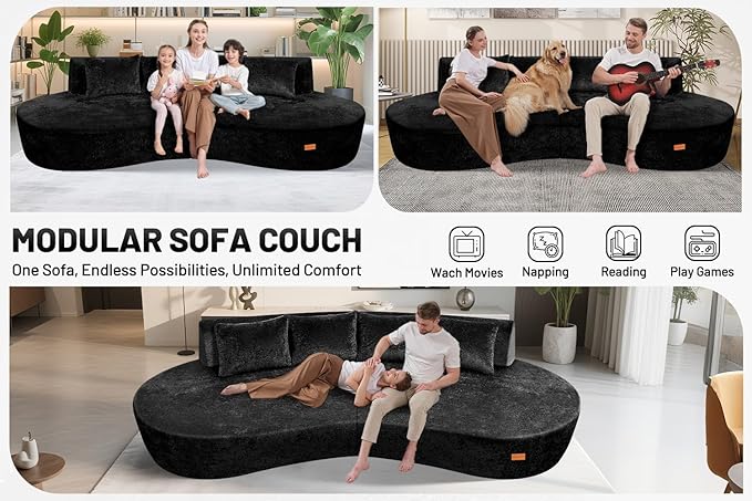 Homguava 104'' Modular Sectional Sofa,Curved Modern Sofa with Memory Foam,Deep Seat Cloud Couch with 4 Pillows,Upholstered Oversized Couches for Living Room Apartment Office,No Assembly Required,Black