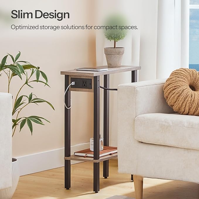 HOOBRO Small End Table with Charging Station, Narrow Side Table with USB Port and Outlets, Skinny Sofa Table, Slim Nightstand, Living Room, Bedroom, Greige and Black BG240UBZ01