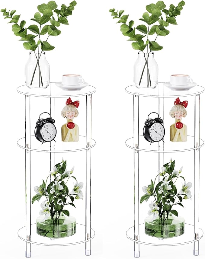 Clear Round Acrylic Side Table Set of 2 for Small Spaces, 11.81" L x 11.81" W x 24.6" H, 3 Tier Small Drink End Table Nightstand, Minimalist Bedside Table for Living Room, Bedroom, Bathroom