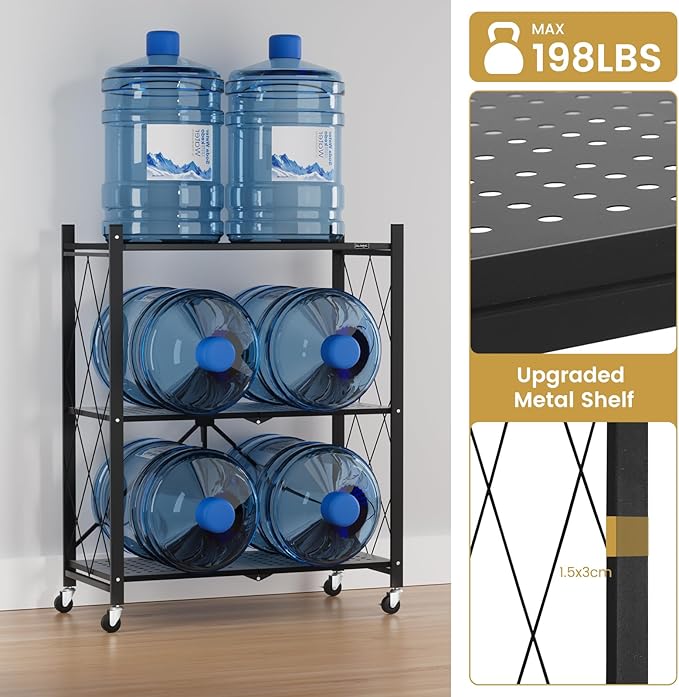 ALANNG Storage Shelves with Wheels, Bookshelf with Storage, No Assembly Metal Rack Cart for Kitchen, Office, Laundry, Garage (3 Tier, Black)
