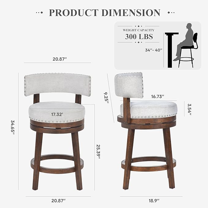 COLAMY Swivel Bar Stools Set of 4, Swivel Counter Height Barstools with Back, 25 Inch Modern Upholstered Bar Stools for Kitchen Island Dining Room Bar, Beige