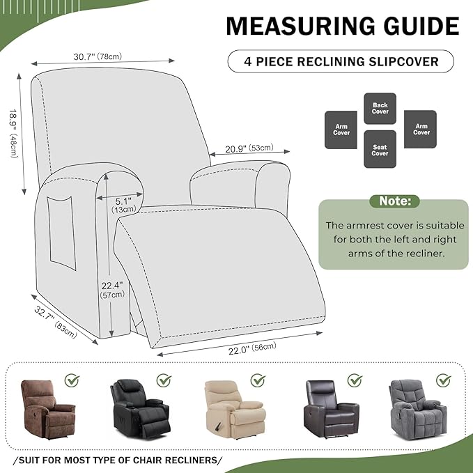 vctops Christmas Green 4 Pieces Geometric Jacquard Plush Recliner Slipcovers Soft Fuzzy Fluffy Sofa Couch Cover Anti-Slip Furniture Protector with Elastic Bottom for Kids Cats Dogs(Green,1 Seat)