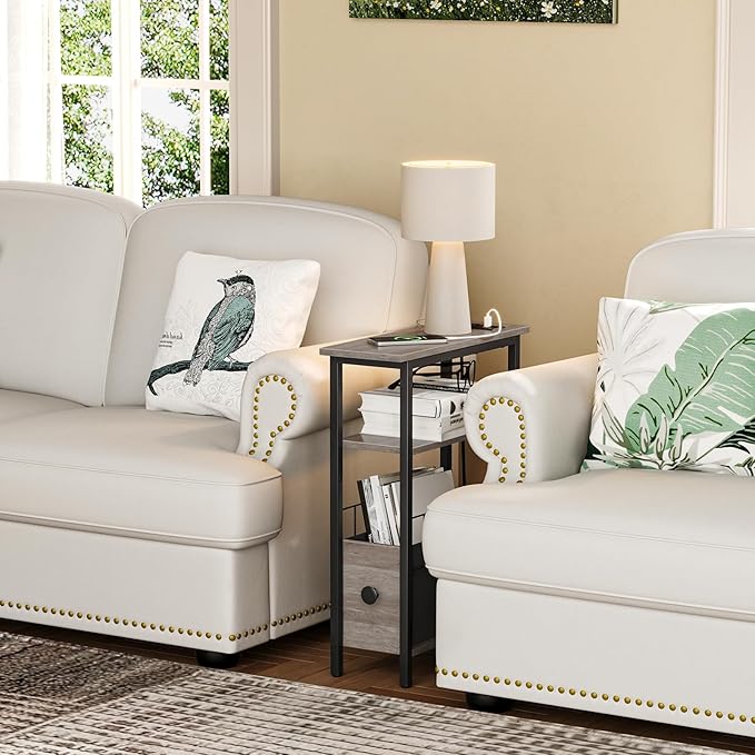 Snughome Narrow Side Table with Charging Station, Slim End Table for Small Spaces, 3 Tier Skinny Nightstand with Drawer, Sofa Beside Table with Storage Shelf for Living Room Bedroom Grey