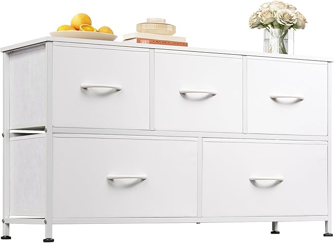 WLIVE Dresser for Bedroom with 5 Drawers, Wide Chest of Drawers, Fabric Dresser, Storage Organization Unit with Fabric Bins for Closet, Living Room, Hallway, White