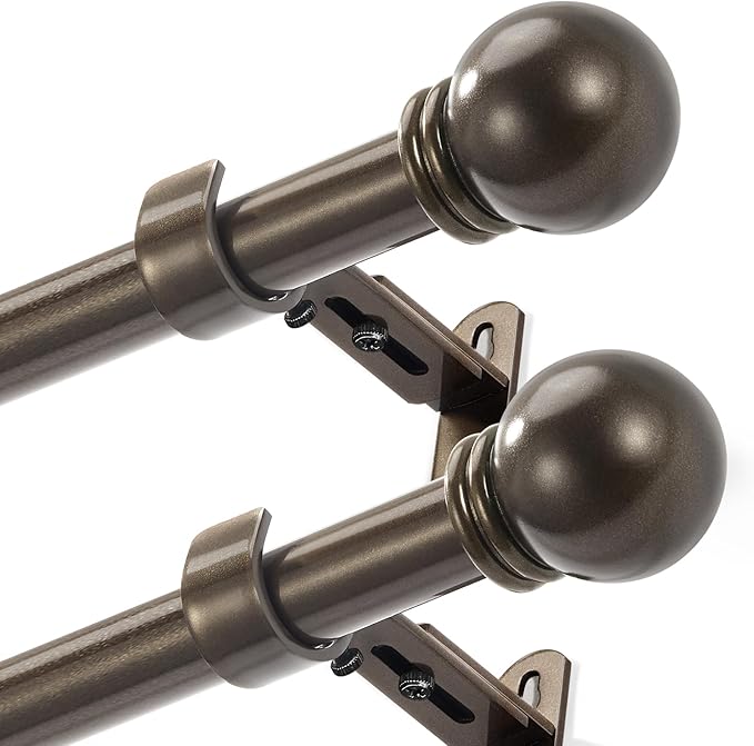 Curtain Rods for Windows 16 to 120 Inches, Curtain Rod Max Adjustable Length of 132 IN, 6/8" Diameter Drapery Rods Round Finials, Brown, Pack of 2