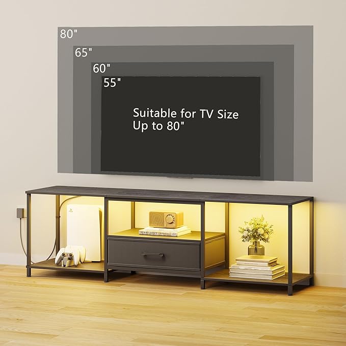 TV Stand with LED Lights, Entertainment Center with Open Shelves and Fabric Drawer, Media Console for 80 Inch TV, Television Stands for Living Room, Bedroom, Black
