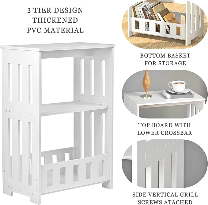 3 Tier Side Table Night Stand, Narrow End Table with Display Shelf, Small Bookcase Bookshelf, Simple Bedside Table Storage Rack for Bedroom, Living Room, Office, Bathroom, White