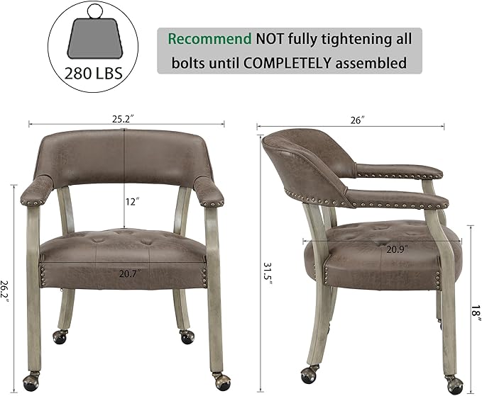 LEEMTORIG Large Dining Chairs with Casters and Arms, Rolling Dining Chairs with Wheels, Solid Wood Boss Caption's Chairs Office Chairs, 26"D x 25.2"W x 31.5"H, Soft Grey Legs & Dark Brown SY-1318-DK