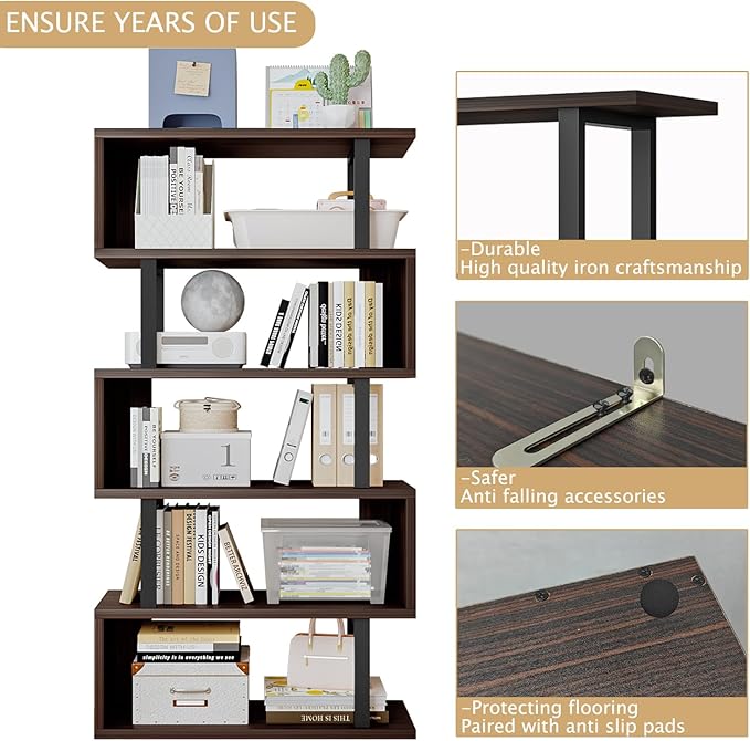 SORCEDAS Bookshelf Geometric Bookcase S Shaped Industrial Bookshelf Storage Display Stand Shelf for Living Room Bedroom and Office Room (Black, 5 Tier)