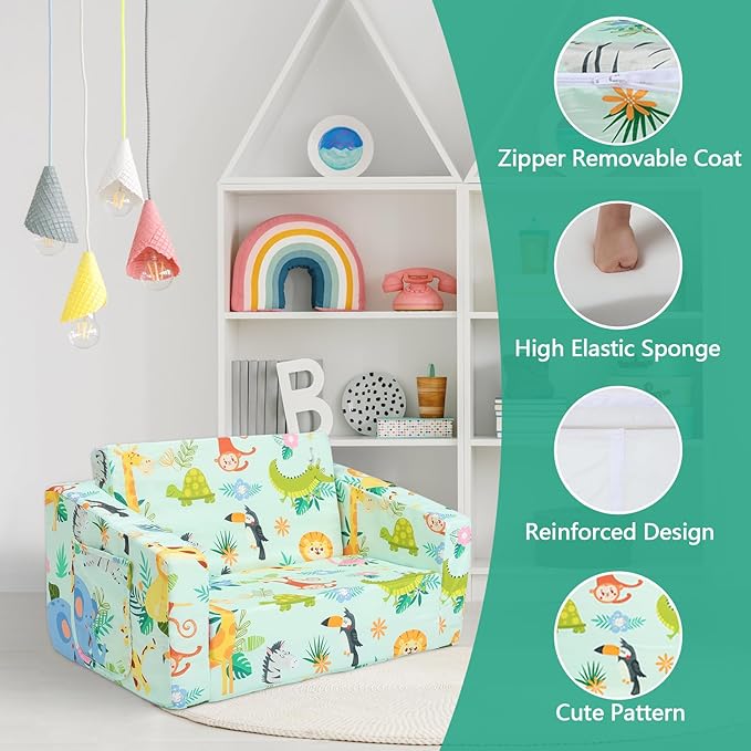Foldable Kids Sofas Couch 2 in 1 Children Convertible Sofa to Lounger Flip Open Toddlers Sofa Bed