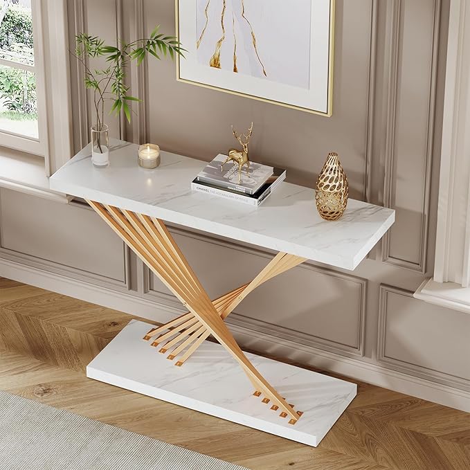 39.4 Inch Gold Console Table, White Faux Marble Modern Entryway Table Sofa Tables Behind The Couch for Entrance Hallway Living Room, X-Shape