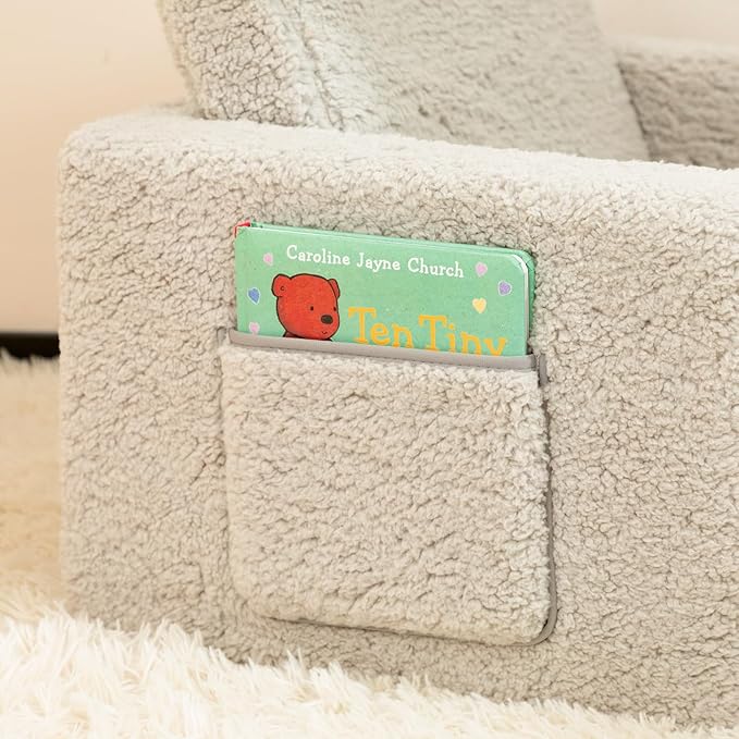 ALIMORDEN Kids Couch, 2-in-1 Fold Out Toddler Chair & Snuggly Foam Lounger Seat, Removable Washable Cover - Soft Reading Couch, Ideal Gift for for Boys and Girls, Light Grey