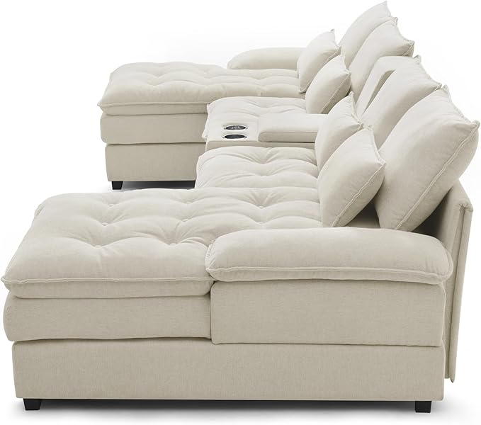 130" U-Shaped Sectional Sofa with Storage Console & Cup Holders, Upholstered 6 Seat Living Room Sleeper Couch Furniture Set w/Chaise, Cloud Cushion Couch for Home, Office, Apartment,Beige